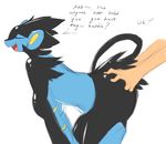  anthro averyshadydolphin big_breasts big_butt black_fur blue_fur breasts butt butt_grab dialogue disembodied_hand english_text eyes_closed faceless_male female fur hand_on_butt human interspecies luxray male mammal multicolored_fur nintendo open_mouth pok&eacute;mon pok&eacute;morph pok&eacute;philia smile solo_focus text two_tone_fur video_games 