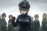  adelheid arm_behind_back bad_id bad_pixiv_id blonde_hair brown_hair clenched_hand crossed_arms garrison_cap gloves green_eyes hair_over_one_eye hanna_rudel hat long_hair map military military_uniform multiple_girls open_mouth peaked_cap scar shiratama_(hockey) short_hair trench_coat uniform world_witches_series 