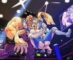  1girl black_hair blonde_hair blue_eyes blue_leotard boots breasts cleavage diepod domino_mask highres hugo_andore lace-up_thighhighs large_breasts leotard long_hair mask open_mouth rainbow_mika stone_cold_stunner street_fighter street_fighter_iii_(series) street_fighter_v twintails very_long_hair wrestling wrestling_outfit 