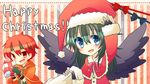  1girl :d arm_up bird_wings black_wings blue_eyes box chibi english fingerless_gloves fire_emblem fire_emblem:_akatsuki_no_megami fire_emblem:_souen_no_kiseki gift gift_box gloves green_hair hat headband long_hair long_sleeves merry_christmas open_mouth red_eyes red_hair santa_hat short_sleeves smile souen_senri tormod v-shaped_eyebrows vika wings 