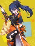  bell blue_hair brown_eyes fire_emblem fire_emblem_if long_hair naginata oboro_(fire_emblem_if) open_mouth pamm polearm ponytail solo weapon 