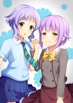  &gt;:) :o brown_eyes hair_ornament holding_hands idolmaster idolmaster_cinderella_girls idolmaster_million_live! interlocked_fingers koshimizu_sachiko looking_at_viewer makabe_mizuki mashima_(sumachi) multiple_girls necktie open_mouth purple_hair school_uniform short_hair skirt smile v-shaped_eyebrows yellow_eyes 