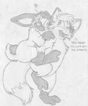  &lt;3 annoyed buckteeth canine caribbean_fox_(character) cute_fangs dialogue duo english_text featureless_crotch fox greyscale lagomorph looking_back male mammal mizzyam monochrome nude open_mouth pencil_(artwork) piggyback rabbit semi-anthro size_difference spotted_bunny teeth text traditional_media_(artwork) walking 