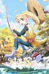  blonde_hair boots brown_eyes day fishing_rod gen_1_pokemon hat hat_feather hat_removed headwear_removed highres long_hair outdoors pikachu poke_ball pokemon pokemon_(creature) pokemon_special ponytail rubber_boots sig_(sfried) straw_hat waist_poke_ball water wind yellow_(pokemon) 