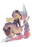  blonde_hair bloomers boots bow braid broom broom_riding buttons flat_chest hair_bow hat jacket kirisame_marisa long_hair long_skirt pisoshi side_braid sidesaddle skirt smile solo touhou underwear upskirt wavy_hair witch_hat yellow_eyes 