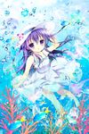  akatsuki_(kantai_collection) alternate_costume bare_legs bare_shoulders blush coral dress fish highres jellyfish kantai_collection long_hair looking_at_viewer open_mouth purple_eyes purple_hair shirogane_hina solo sparkle underwater water white_dress 