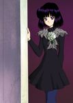  bishoujo_senshi_sailor_moon black_hair black_skirt blue_legwear cowboy_shot flower hino_ryutaro pantyhose purple_background purple_eyes shawl short_hair skirt smile solo tomoe_hotaru 