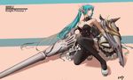  absurdres armor bad_revision breasts cleavage downscaled_revision dress hatsune_miku highres knight lance large_breasts long_hair md5_mismatch no_bra polearm shield solo thighhighs very_long_hair vocaloid weapon z.h.y 
