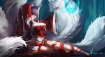  2015 ahri animal_ears arm_behind_head blue_hair breasts dated detached_sleeves dress energy_ball fox_ears hair_over_one_eye highres impossible_clothes large_breasts league_of_legends lips lipstick long_hair looking_at_viewer low_neckline makeup miniskirt multiple_tails off_shoulder red_dress sitting skirt solo tail vafar7 white_skirt wide_sleeves 