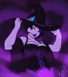  anthro blush breasts clothed clothing corset ear_piercing feline female hat kittydee looking_at_viewer mammal one_eye_closed piercing simple_background smile solo witch_hat 