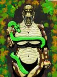  anthro big_breasts blue_eyes breast_grab breast_squeeze breasts brown_scales creative_censorship eye_contact felixspeagel female feral forked_tongue green_eyes green_scales hand_on_breast huge_breasts maple_leaves no_sclera nude pupils python reptile scales scalie slit snake tongue tongue_out voluptuous yellow_scales 