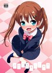  bizen blue_eyes blush brown_hair cover covering covering_crotch from_above hair_ornament hairclip have_to_pee highres kneehighs knees_together_feet_apart long_hair looking_up no_shoes open_mouth original school_uniform serafuku skirt solo standing twintails 