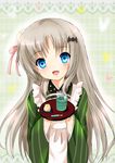  absurdres ama_usa_an_uniform cosplay cup doruji fang gochuumon_wa_usagi_desu_ka? highres japanese_clothes kimono little_busters! long_hair looking_at_viewer mogupuchi mug noumi_kudryavka silver_hair tray ujimatsu_chiya ujimatsu_chiya_(cosplay) waitress 