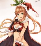  bad_id bad_pixiv_id black_gloves blonde_hair breasts cape clarisse_(granblue_fantasy) fur_trim gloves granblue_fantasy green_eyes hat long_hair looking_at_viewer medium_breasts navel open_mouth ponytail santa_costume santa_hat smile solo upper_body yatsuka_(846) 