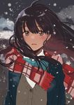  bangs black_hair blazer blue_neckwear blunt_bangs blush bow bowtie brown_eyes cardigan commentary fly_(marguerite) jacket long_hair looking_at_viewer original parted_lips plaid plaid_skirt scarf school_uniform skirt snowing solo 