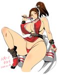  artist_name breasts brown_eyes brown_hair cleavage closed_fan covered_nipples dated fan fatal_fury folding_fan high_ponytail highres huge_breasts long_hair looking_at_viewer musashino_sekai puffy_nipples shiranui_mai simple_background solo the_king_of_fighters thick_thighs thighs translated white_background 