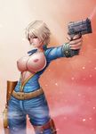  artist_name blush breasts breasts_outside collarbone cowboy_shot dual_wielding fallout fallout_4 gun handgun highres holding holster large_breasts newash nipples pip_boy red_eyes rifle short_hair silver_hair simple_background sole_survivor_(female) solo unzipped vault_suit weapon zipper 
