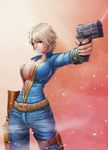  artist_name breasts collarbone cowboy_shot dual_wielding fallout fallout_4 gun handgun highres holding holster large_breasts newash pip_boy red_eyes rifle short_hair silver_hair simple_background sole_survivor_(female) solo unzipped vault_suit weapon zipper 
