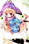  adapted_costume barefoot blonde_hair blush clownpiece fairy_wings hand_on_hip hat highres hood hoodie itotin jester_cap long_hair red_eyes solo touhou very_long_hair wings 