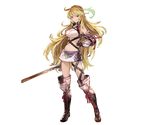  belt blonde_hair boots cross-laced_footwear crossover full_body granblue_fantasy lace-up_boots long_hair midriff milla_maxwell minaba_hideo navel official_art red_eyes skirt smile solo sword tales_of_(series) tales_of_xillia thigh_boots thighhighs transparent_background weapon 