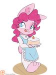  2015 alasou alpha_channel anthro apron blue_eyes cake carrot_cake clothing female food friendship_is_magic fur hair hi_res lagomorph long_hair mammal my_little_pony patreon pink_fur pink_hair pinkie_pie_(mlp) rabbit simple_background solo tobgue_out transparent_background 
