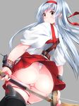  ass blush bow_(weapon) brown_eyes fundoshi hairband headband japanese_clothes kantai_collection kuon_(break_through) long_hair shoukaku_(kantai_collection) silver_hair solo weapon 