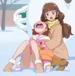  amanogawa_kirara brown_hair earrings gloves go!_princess_precure hairband haruno_haruka haruyama_kazunori jewelry long_hair long_legs multiple_girls open_mouth orange_legwear panties pantyhose pink_panties precure purple_eyes red_hair short_hair snow squatting star star_earrings sweater turtleneck underwear 