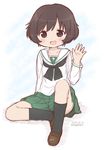  2015 akiyama_yukari brown_eyes brown_hair girls_und_panzer green_skirt idu_michito ooarai_school_uniform pleated_skirt school_uniform serafuku short_hair skirt smile solo 