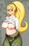  bangs belt blonde_hair blue_eyes blunt_bangs blush bobobo breasts cleavage grin gundam gundam_tekketsu_no_orphans huge_breasts inverted_nipples kudelia_aina_bernstein long_hair looking_at_viewer navel nipples ponytail shirt_lift smile solo 