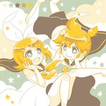  1girl blonde_hair blue_eyes bow chin_rest cloud color_guide dress hair_bow hair_ornament hairclip hands_on_own_cheeks hands_on_own_face kagamine_len kagamine_rin limited_palette nightcat open_mouth ponytail sailor_collar sailor_dress shorts smile star star-shaped_pupils symbol-shaped_pupils vocaloid 