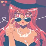  breasts character_name cleavage color_guide hat heart heart-shaped_pupils heart_of_string jewelry limited_palette lips long_hair medium_breasts megurine_luka necklace nightcat pink_eyes pink_hair solo sunglasses symbol-shaped_pupils vocaloid 