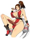  bar_censor breasts brown_eyes brown_hair censored cleavage closed_fan covered_nipples dark_penis erection fan fatal_fury folding_fan futanari high_ponytail highres huge_breasts large_penis long_hair looking_at_viewer musashino_sekai penis puffy_nipples shiranui_mai simple_background solo testicles the_king_of_fighters thick_thighs thighs white_background 