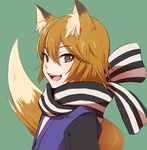  animal_ears brown_eyes fire_emblem fire_emblem_if fox_boy fox_ears fox_tail green_background male_focus nishiki_(fire_emblem_if) open_mouth orange_hair pamm scarf simple_background solo tail 