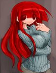  bangs blush breasts casual commentary_request eyes_visible_through_hair highres kyuusui_gakari large_breasts long_hair looking_at_viewer original red_eyes ribbed_sweater smile solo sweater yurina_paruterikusu 