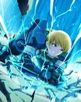  armor blonde_hair brown_eyes clenched_teeth destiny_(game) electricity fukuda_noriko hands_clasped highres idolmaster idolmaster_million_live! own_hands_together power_armor short_hair takahashi_umori teeth titan_(destiny) 