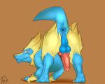  all_fours anus balls barefoot butt erection feral fur knot looking_at_viewer looking_back male manectric nintendo nude penis pok&eacute;mon presenting presenting_hindquarters seyrmo sharp_claws simple_background smile solo standing video_games 