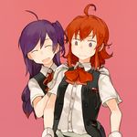 ahoge arashi_(kantai_collection) brown_eyes glider_(artist) gloves hagikaze_(kantai_collection) kantai_collection long_hair multiple_girls neck_ribbon one_side_up open_mouth purple_hair red_hair red_ribbon ribbon school_uniform smile vest white_gloves 