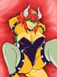  bowser bowsette_meme breasts cleavage clothed clothing grinn3r horn koopa legwear lounging mario_bros nintendo princess_peach rubber scalie stockings super_crown video_games 