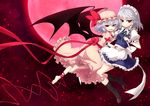  ankle_ribbon apron bat_wings boots braid highres izayoi_sakuya knife long_ribbon maid_apron maid_headdress miruki moon multiple_girls open_mouth red_eyes red_moon remilia_scarlet ribbon silver_hair touhou twin_braids wings 