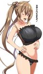  bare_shoulders black_panties breasts collarbone frilled_panties frills from_side hair_ornament hair_ribbon hands_on_hips highres huge_breasts kantai_collection kloah light_brown_hair long_hair looking_at_viewer midriff murasame_(kantai_collection) navel no_pants one_eye_closed panties red_eyes ribbon see-through sideboob simple_background solo strapless translated tubetop twintails underwear 