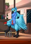  2015 alcohol avian beak beverage bird blue_feathers breadcrumb_azula claws erection feathers food hi_res hyacinth_macaw inside looking_at_viewer macaw male mysticalpha parrot penis precum restaurant solo standing wine wine_bottle wine_glass winged_arms wings 