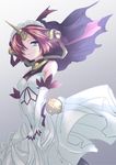  dress elbow_gloves fate/apocrypha fate_(series) frankenstein's_monster_(fate) gloves grimjin hair_over_one_eye highres horn pink_hair short_hair solo veil wedding_dress white_dress 