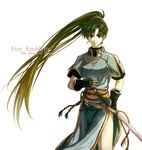  copyright_name delsaber fire_emblem fire_emblem:_rekka_no_ken green_eyes green_hair hair_ornament long_hair looking_at_viewer lyndis_(fire_emblem) ponytail simple_background solo sword very_long_hair weapon white_background 