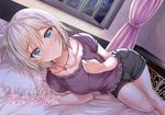  aldehyde anastasia_(idolmaster) bed blanket blue_eyes blush breasts idolmaster idolmaster_cinderella_girls jewelry looking_at_viewer lying md5_mismatch necklace on_side pillow ranguage russian short_hair shorts silver_hair smile solo translated 