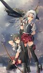  aircraft airplane bow_(weapon) brown_eyes hairband headband highres japanese_clothes jenson_tw kantai_collection long_hair multiple_girls muneate open_mouth remodel_(kantai_collection) shoukaku_(kantai_collection) silver_hair skirt smile twintails weapon zuikaku_(kantai_collection) 