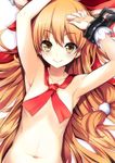  armpits arms_up blonde_hair blush bow breasts collarbone hair_bow horns ibuki_suika long_hair looking_at_viewer naked_ribbon neck_ribbon nude ribbon simple_background small_breasts smile solo tirotata touhou upper_body very_long_hair white_background yellow_eyes 
