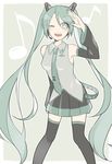  detached_sleeves eighth_note green_eyes green_hair hatsune_miku long_hair looking_at_viewer musical_note necktie one_eye_closed open_mouth pleated_skirt saku_anna skirt sleeveless solo thighhighs twintails very_long_hair vocaloid 