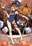  artist_name blonde_hair cloak cloud contrapposto cup einess halloween hat heart heart-shaped_pupils highres jack-o'-lantern ladle moon one-piece_swimsuit original oversized_object ribbon school_swimsuit sky solo standing standing_on_one_leg sugar_cube swimsuit symbol-shaped_pupils tea teacup teapot wet witch_hat wrist_cuffs yellow_eyes 