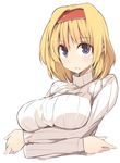  :/ alice_margatroid blonde_hair blue_eyes blush breast_hold breasts hairband kamukamu_(ars) large_breasts looking_at_viewer ribbed_sweater short_hair shy solo sweater touhou turtleneck 