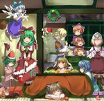  :d animal_ears bell blonde_hair blue_hair bound bound_wrists bow broom brown_hair cake cat_ears chen christmas_ornaments christmas_tree cirno closed_eyes daiyousei disembodied_head dress earrings finger_licking food frilled_ribbon frills green_eyes green_hair hair_bell hair_bow hair_ornament hair_ribbon hat hat_removed headwear_removed jewelry jitome kagiyama_hina karakasa_obake kasodani_kyouko kneeling kotatsu licking mizuhashi_parsee mob_cap multiple_girls mystia_lorelei o_o open_mouth peeking_out pink_hair piyodesu pointy_ears purple_bow reaching red_eyes red_ribbon ribbon ringo_(touhou) santa_hat sekibanki short_hair single_earring sleeping smile socks stage_connection table tareme tatara_kogasa touhou umbrella under_kotatsu under_table v_arms white_legwear white_ribbon wings wrapped_up wreath yarn 